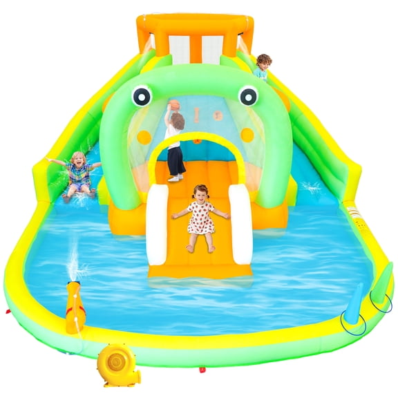 WELLFUNTIME Inflatable Bounce House Water Slide for 4 Kids, Water Park with Blower, Splashing Pool for Backyard