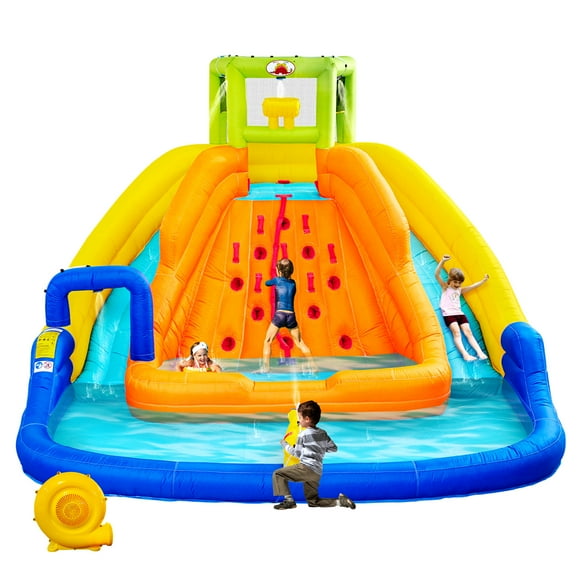 WELLFUNTIME Inflatable Water Park with Slide, Bounce House with Blower, Large Splashing Pools, Climbing Wall, Water Bucket