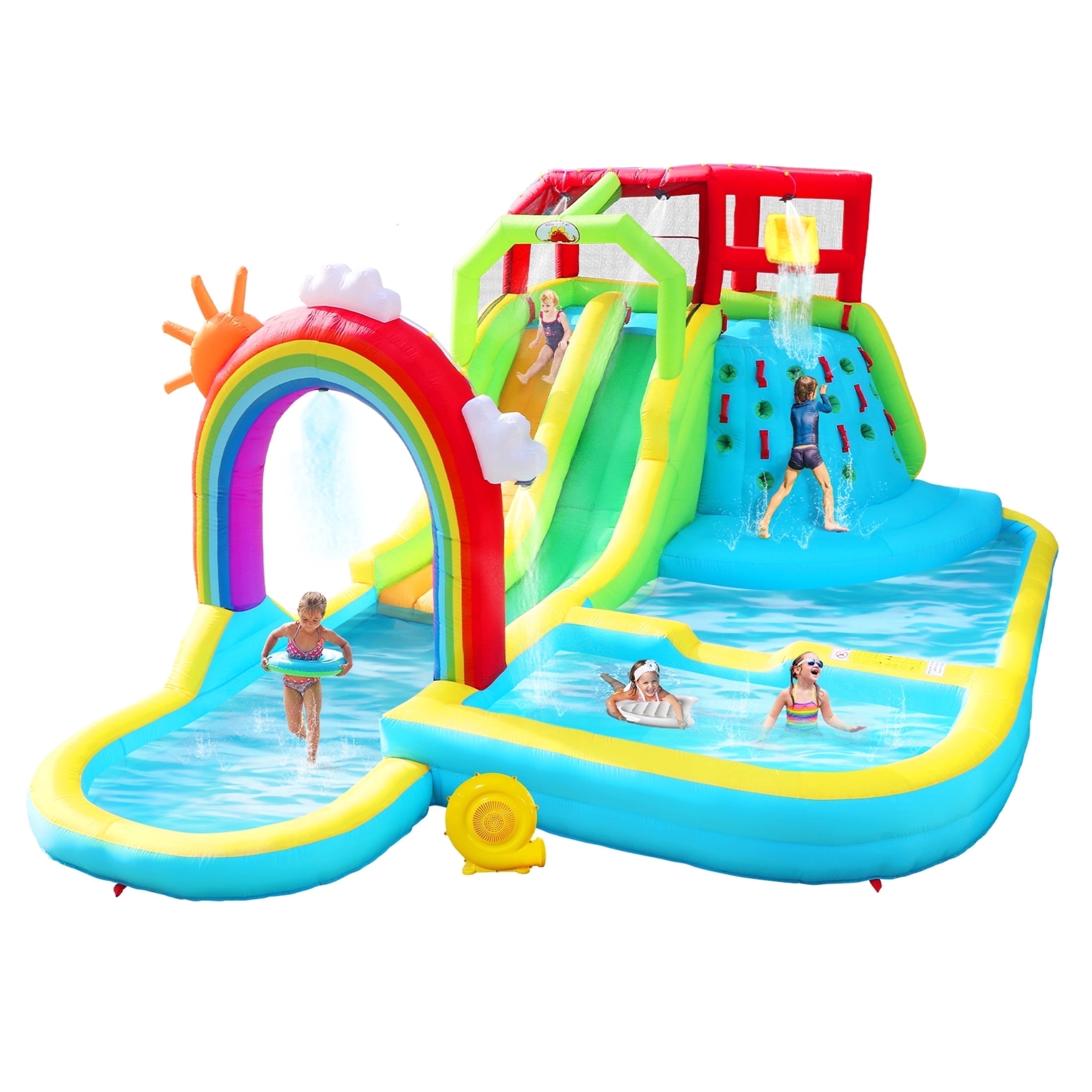 WELLFUNTIME Inflatable Water Slide Park for Kids, Bounce House with Blower, Rainbow Water Curtain, Splash Pool for Backyard