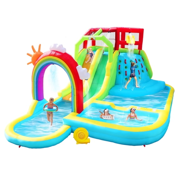 WELLFUNTIME Inflatable Water Slide Park for Kids, Bounce House with Blower, Rainbow Water Curtain, Splash Pool for Backyard
