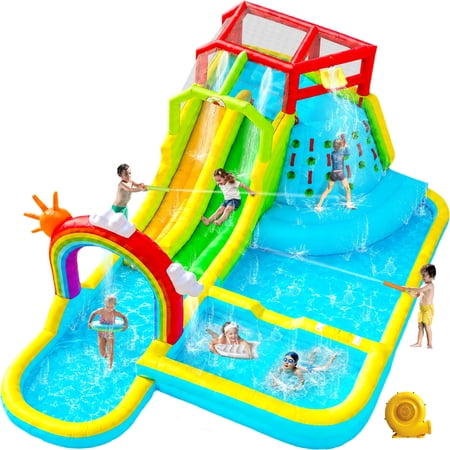WELLFUNTIME Inflatable Water Slide Park for Kids, Bounce House with Blower, Rainbow Water Curtain, Splash Pool for Backyard