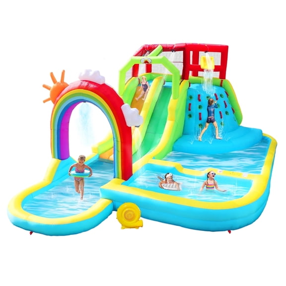 WELLFUNTIME Inflatable Water Slide Park for Kids, Bounce House with Blower, Rainbow Water Curtain, Splash Pool for Backyard