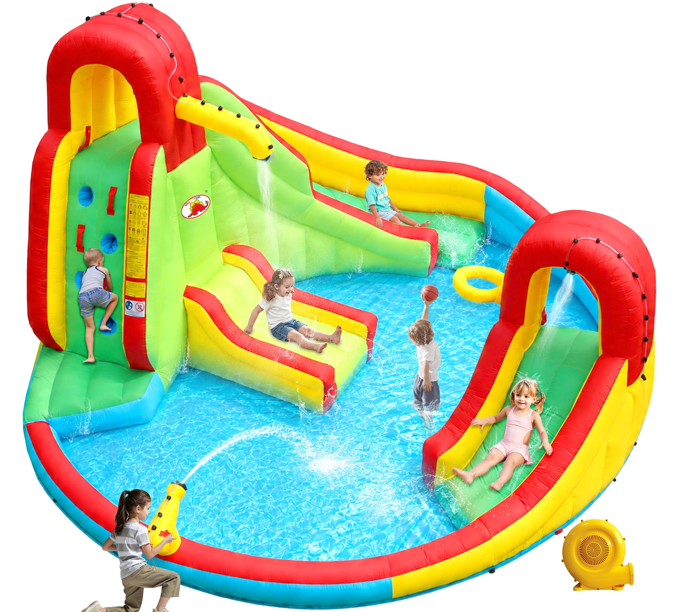 WELLFUNTIME Inflatable Water Slide Bounce House for Kids, Water Park with Blower, Splash Pool for Kids Backyard