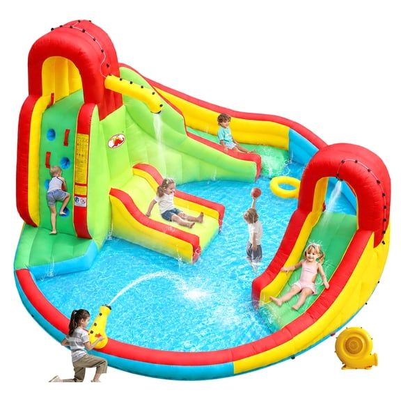 WELLFUNTIME Inflatable Water Slide Bounce House for Kids, Water Park with Blower, Splash Pool for Kids Backyard