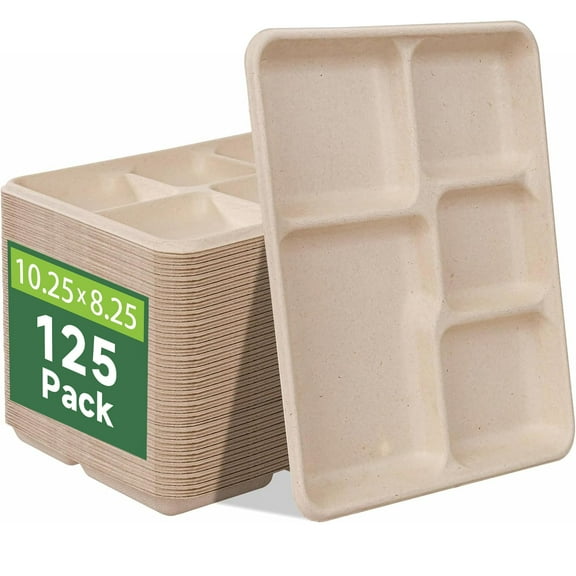 WELLIFE 100% Compostable 5 Compartment Paper AFN1Plates, 125 Duty Disposable School Lunch Trays, 10.25 * 8.25 Inch Eco-Friendly Bagasse Plates for Boys, Girls and Youth (BPA Free,Microwaveable)