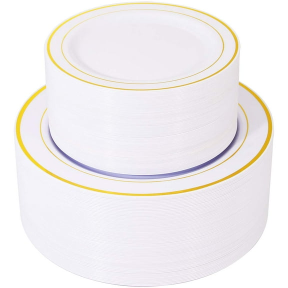 WELLIFE 120PCS Gold Plastic Plates, includes: AFN160 PCS 10.25 inch Dinner and 30 PCS 7.5 inch Party Plates Disposable,White Party Supplies