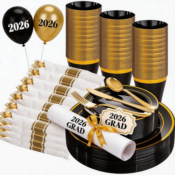 WELLIFE FESTIVE 350PCS Black and Gold Plastic Dinnerware Set for 50 Guests,Include 50 Dinner & Dessert Plates, 50 Cups 9 oz, 50 Pre Rolled Napkins with Gold Silverware