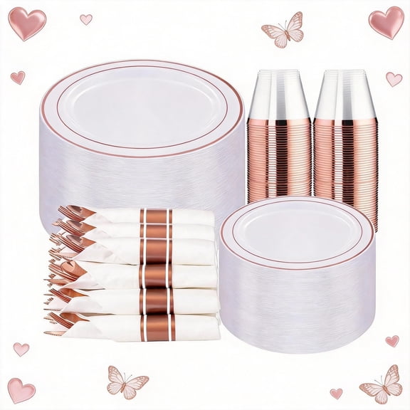 WELLIFE 350Pcs Rose Gold Plastic Plates for 50 Guests - Plastic Dinnerware Set,Party Supplies Includes 100 Rose Gold plates,150 Silverware,50 Napkins,50 Cups for Valentines and Galentines Y101