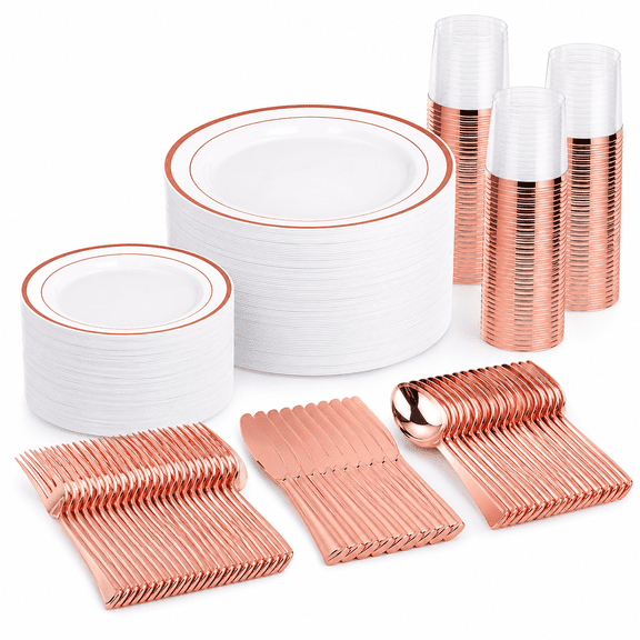 WELLIFE 450 PCS Rose Gold Disposable Dinnerware Set for 75 Guests, Mothers Day Plates, 75 Dinner & Salad Plate, Cups, Forks Knives Spoons for Wedding Reception and Valentine's Day