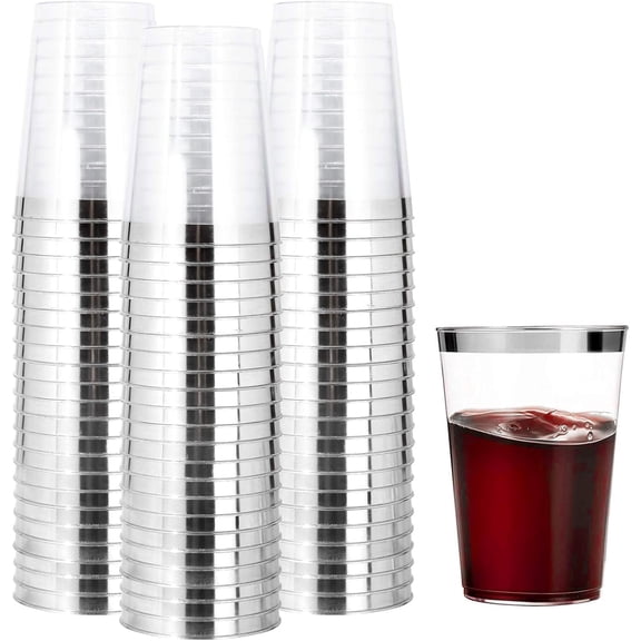 WELLIFE FESTIVE 10 Oz Clear Disposable Hard Cups with Silver Trim, 200 Pack, for Wedding & Party