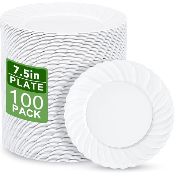 WELLIFE FESTIVE 100 Count White Plastic Plates, 7.5 Inch Scalloped Dessert Plates Disposable Heavy Duty for Party, Wedding,and Graduation