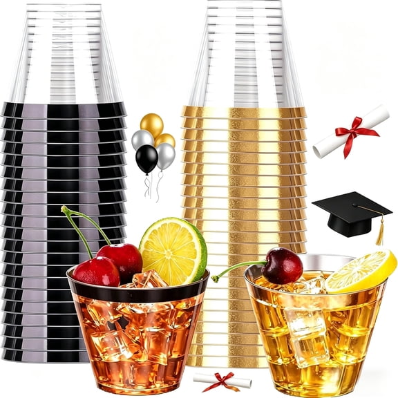 WELLIFE FESTIVE 120 PCS Black and Gold Plastic Cups,Disposable Cocktail Glasses, 9 oz Clear Cups for Party