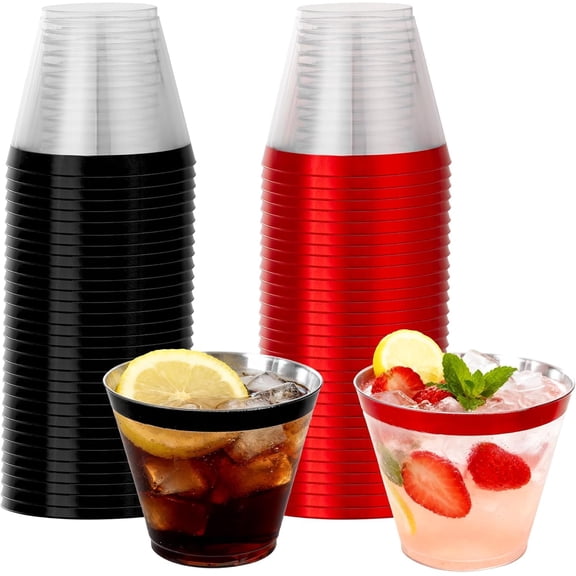 WELLIFE FESTIVE 120 PCS Black and Red Plastic Cups,Disposable Cocktail Glasses, 9 oz Clear Cups for Party
