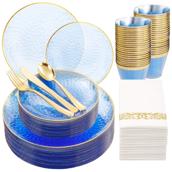 WELLIFE FESTIVE 175 Pcs Plastic Dinnerware Set (25 Guests), Blue Disposable Plates With Gold Rim, Hammered Party Plates Set Include Dinner Platos, Dessert Platos, Cups, Cutlery And Napkins for Party