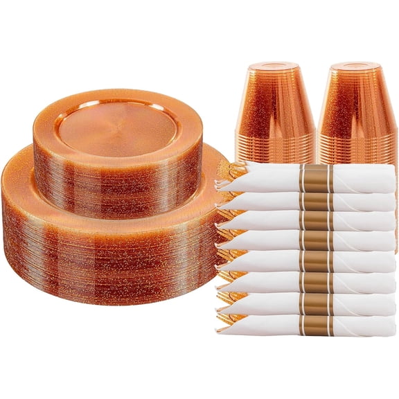 WELLIFE FESTIVE 210 Pcs Orange Glitter Dinnerware Set (30 Guest), Includes 30 Dinner & Dessert Plates, 30 rolled napkins with orange cutlery, 30 cups