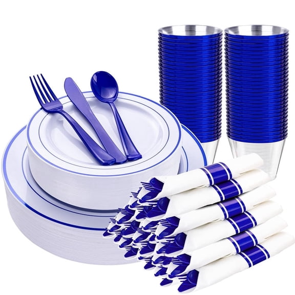 WELLIFE FESTIVE 210 Piece Blue Disposable Dinnerware Set,Plastic Plates for Party, Include: 30 Dinner Plates, 30 Dessert Plates, 30 Pre Rolled Napkins with Gold Silverware and 30 Gold Cups