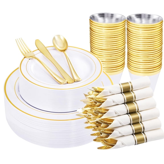 WELLIFE FESTIVE 210 Piece Gold Plastic Dinnerware Set, Include: 30 Dinner & Dessert Plates, 30 Pre Rolled Napkins with Silverware and 30 Cups