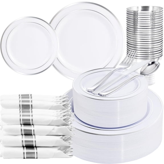 WELLIFE FESTIVE 210 Piece Silver Plastic Dinnerware Set for 30 Guests, Include: 30 Dinner Plates, 30 Dessert Plates, 30 Pre Rolled Napkins with Silverware and 30 Silver Cups