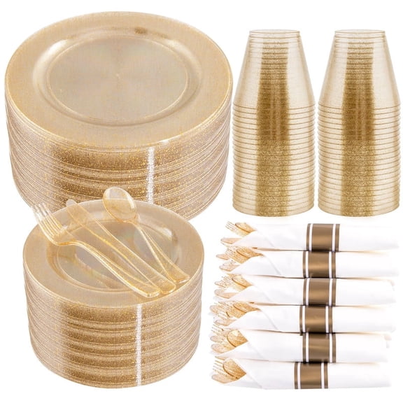 WELLIFE FESTIVE 210Pcs Gold Glitter Dinnerware Set, Gold Glitter Disposable Dinnerware for 30 Guests, Include: 30Dinner Plates, 30Dessert Plates, 90Gold Glitter Silverware, 30 Cups, 30 Paper Napkins