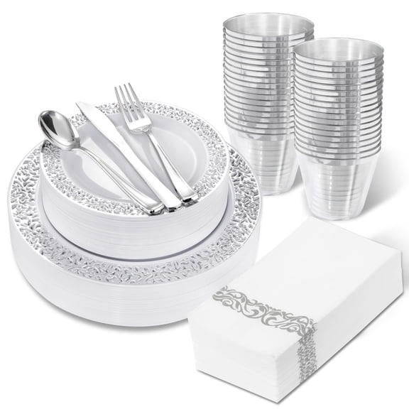 WELLIFE FESTIVE 210pcs Dinnerware Set - Silver Rimmed Plastic Plates Disposable Heavy Duty, Disposable Plastic Plates with Silver Rim, Water-proof, Break-proof, Best Choice for Any Party