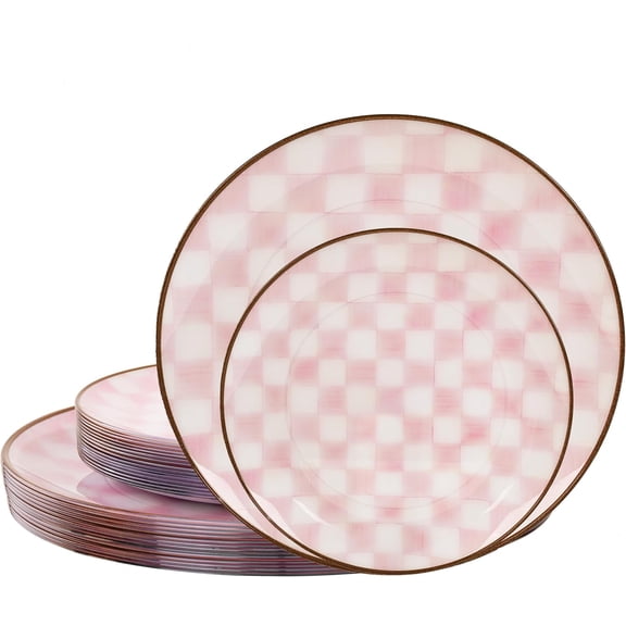 WELLIFE FESTIVE 22 Pcs Retro Pink Checkered Plastic Party Plates Set, Heavy Duty White & Pink Disposable Plates, Includes: 11pcs 10.25 in Dinner Plates and 11pcs 7.5 in Dessert Plates