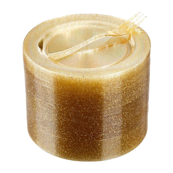 WELLIFE FESTIVE 240PCS Gold Glitter Plastic Dessert Plates, Include: 120PCS Gold Glitter Forks and 6.3 Inch Dessert Plates