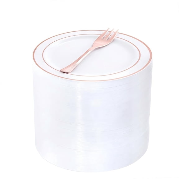WELLIFE FESTIVE 240PCS Rose Gold Plastic Dessert Plates, Include: 120PCS Rose Gold Forks and 6.3 Inch Dessert Plates
