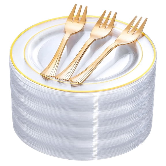 WELLIFE FESTIVE 240Pcs Gold Plastic Dessert Plates, Include: 120Pcs Gold Cake Plates 6.3inch, 120Pcs Gold Forks 5.7inch