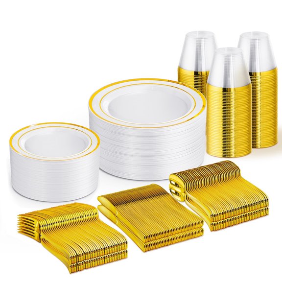 WELLIFE FESTIVE 300 PCS Gold Disposable Dinnerware Set for 75 Guests, Include: 50 Dinner & Salad Plates, Cups, Forks Knives Spoons
