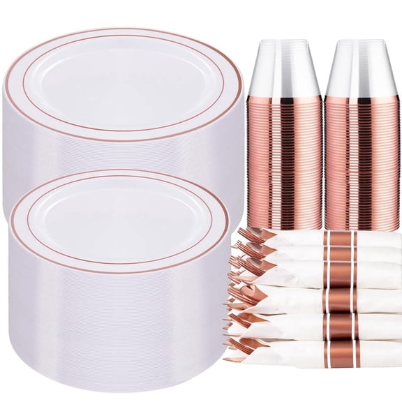 WELLIFE FESTIVE 350 Pieces Rose Gold Plastic Dinnerware, 50 Guests Disposable Plates with Rose Gold silverware and Cups, 50 Pre Rolled Napkins with Cutlery, Perfect for Wedding and Party