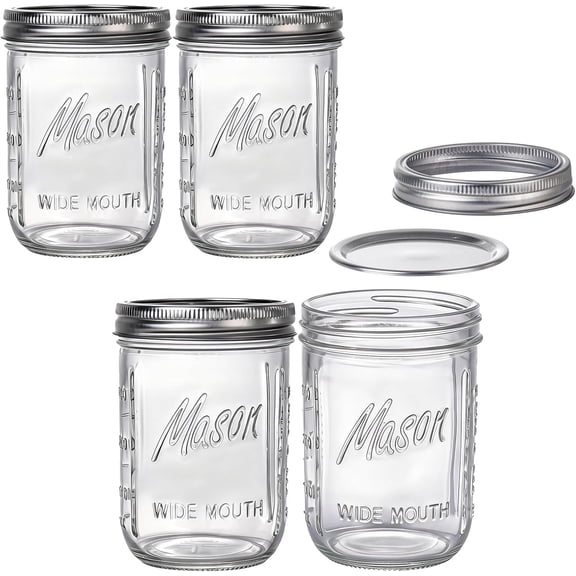 WELLIFE FESTIVE 4-Pack 16 oz Clear Wide-Mouth Glass Mason Jars with Airtight Lids, for Canning, Food Storage, Fermenting, Pickling & Diy Crafts
