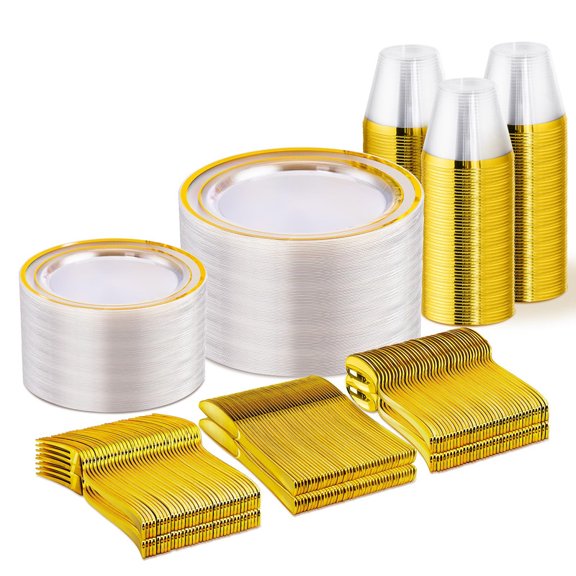 WELLIFE FESTIVE 450 PCS Clear Gold Disposable Dinnerware Set for 75 Guests, Include: 75 Dinner & Salad Plates, Cups, Forks Knives Spoons