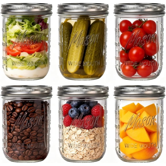 WELLIFE FESTIVE 6-Pack 16 oz Clear Wide-Mouth Glass Mason Jars with Airtight Lids, for Canning, Food Storage, Fermenting, Pickling & Diy Crafts
