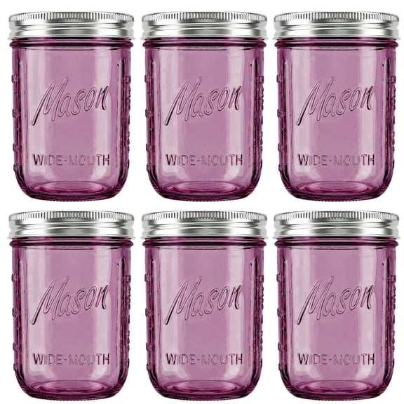 WELLIFE FESTIVE 6-Pack 16 oz Wide-Mouth Glass Mason Jars, Purple with Airtight Lids, for Canning, Food Storage, Fermenting, Pickling & Diy Crafts