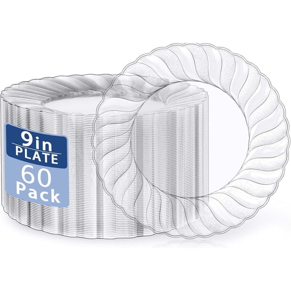 WELLIFE FESTIVE 60 Pcs Clear Plastic Plates, 9 Inch Premium Hard Clear Plates for Party, Celebration, Wedding, and Events