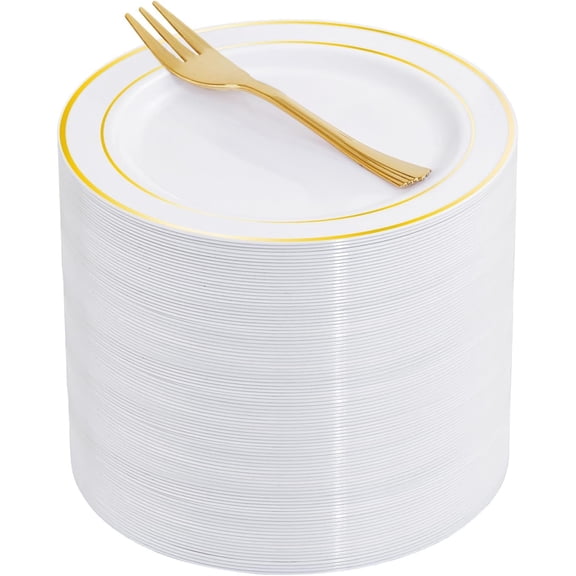 WELLIFE FESTIVE 60PCS Gold Dessert Plates and 60PCS Plastic Forks, 6.3 inch Disposable Dessert Plates for 60 Guests