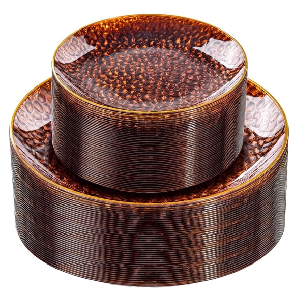 WELLIFE FESTIVE 60Pcs Amber Disposable Plates With Gold Rim, Hammered Plastic Plates, Include: 30 Clear Dessert & Dinner Plates for Party