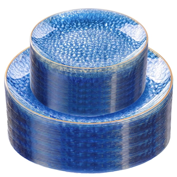WELLIFE FESTIVE 60Pcs Clear Blue Disposable Plates with Gold Rim, Hammered Plastic Plates, Include: 30 Clear Dessert & Dinner Plates for Party