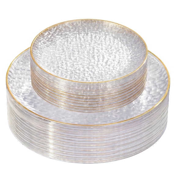 WELLIFE FESTIVE 60Pcs Clear Plastic Plates,Clear Disposable Plates With Gold Rim,Heavy-duty Gold Plates,Hammered Party Plates Include 30Clear Dessert-Platos,30Dinner-Platos for Wedding, Party