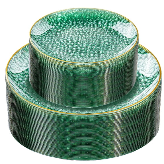 WELLIFE FESTIVE 60Pcs Green Disposable Plates with Gold Rim, Hammered Plastic Plates, Include: 30 Clear Dessert & Dinner Plates