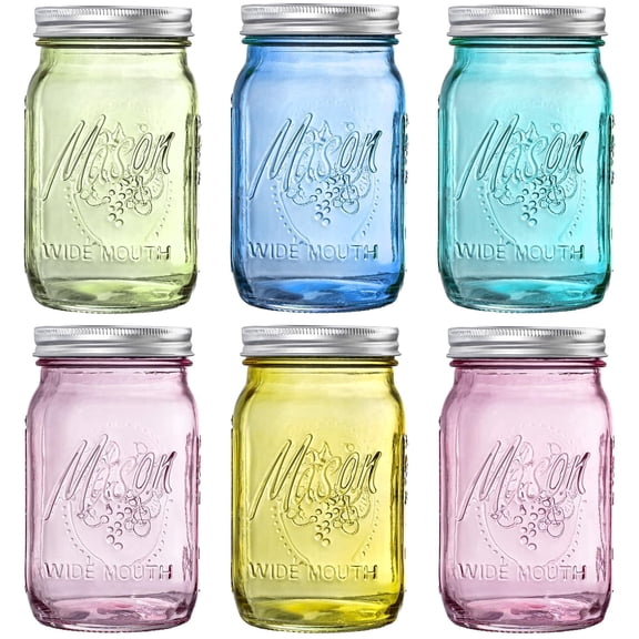 WELLIFE FESTIVE 6PCS 32 oz Mason Jars Wide Mouth-Vibrant Colored Glass Jars for Canning, Food Storage, Fermenting & DIY Craft. Glass Jar with Lid, Airtight & Durable