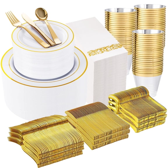 WELLIFE FESTIVE 700 Pcs Gold Plastic Dinnerware Set for 100 Guests - Includes Plates, Cups, Napkins, and Disposable Cutlery - Elegant White & Gold Design, Perfect for Parties and Events