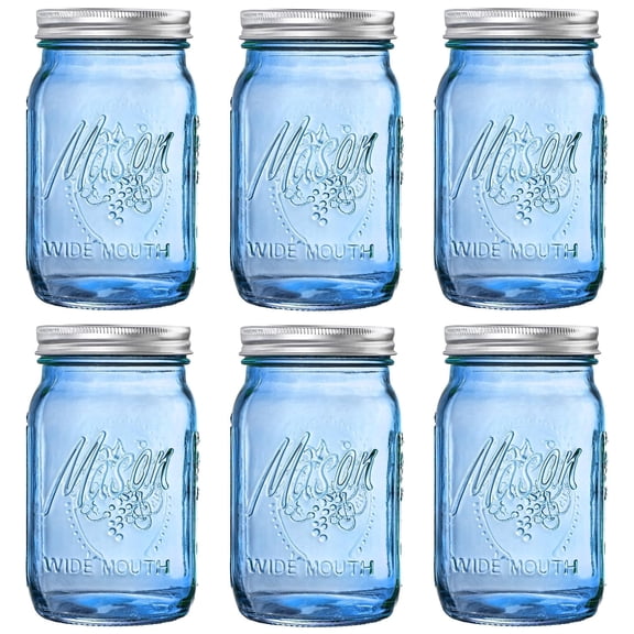 WELLIFE FESTIVE Blue Mason Jars 32 oz, 6 Pack wide mouth mason jars for Canning, Pickling, Food Storage, Fermenting, DIY Crafts & Decor, Glass Jar with Lid