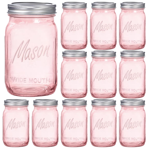 WELLIFE FESTIVE Pink Wide Mouth Mason Jars, 12 Pack Mason Jars 32 oz for Pickling, Canning, Fermenting and Food Storage, Microwave & Dishwasher Safe