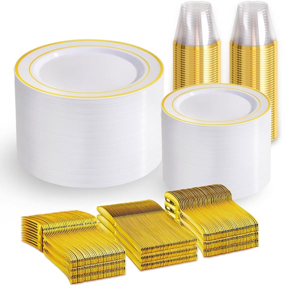 WELLIFE Gold Disposable Dinnerware Set for 100 Guests - BPA-Free Plastic Plates & Cutlery Kit with 100 Dinner Plates, Salad Plates, Forks, Knives, Spoons & Cups for Party, Catering (Heavy-Duty) Y101