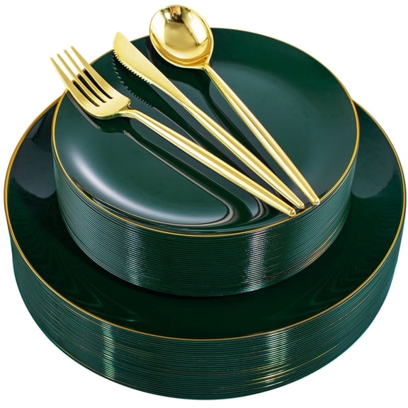 WELLIFE FESTIVE 150Pcs Green Plastic Plates with Gold Rim, Fancy Christmas Plates,Green Disposable Plates Set Include 30 Dinner Plate,30 Dessert Plate, 90 Plastic Silverware Set for Party