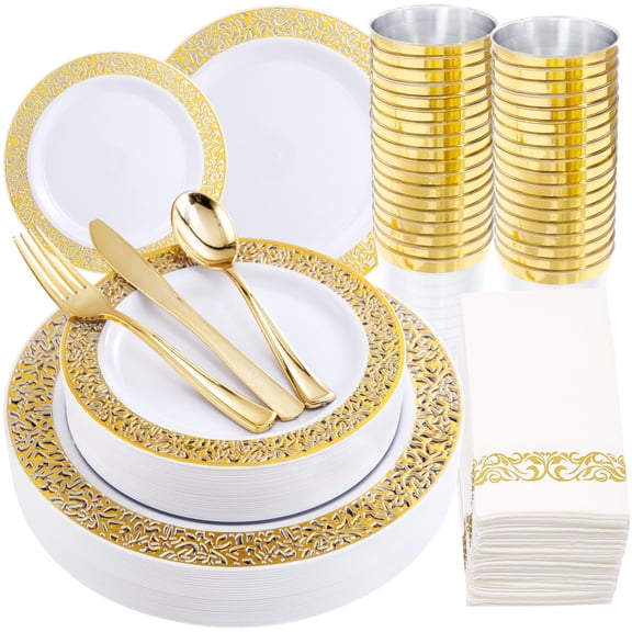 WELLLIFE FESTIVE 160 Pieces White Gold Plastic Plates, Gold Plastic Dinnerware Set Includes:20 Dinner Plates, 20 Dessert Plates,40 Forks, 20 Spoons, 20 Knives, 20 Plastic Cups 10-Ounce