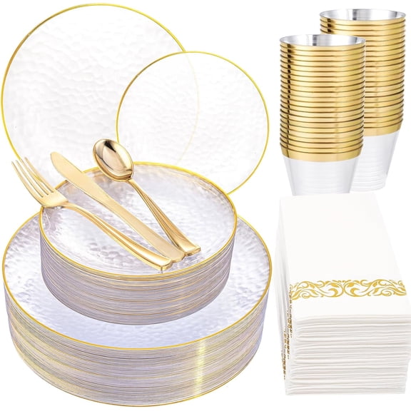 WELLIFE FESTIVE 175 Pieces Clear Gold Plastic Dinnerware Set, Disposable Party Plates for 25 Guests, Hammered Party Plates Set Include 50 plastic plates, 100 napkins with silverware, 25 cups