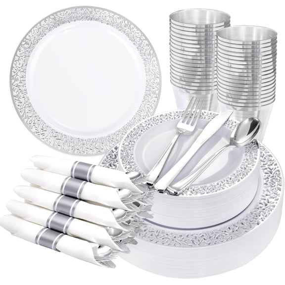 WELLLIFE FESTIVE 175Pcs Silver Dinnerware Sets, Include:25 Dinner Plates, 25 Dessert Plates, 25 Paper Napkins, 25 Cups, 75 Silver Silverware Set for Party and Weddings
