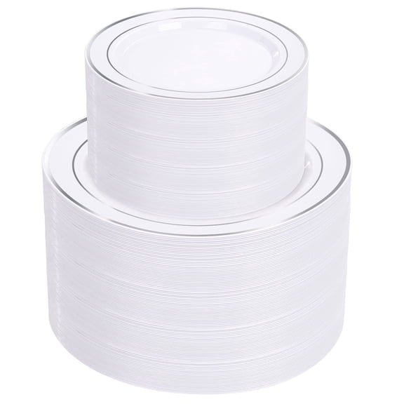 WELLLIFE FESTIVE 200 Pieces Silver Plastic Plates - Silver Disposable Party Plates Include 100 Dinner Plate and 100 Elegant Dessert Plate Perfect for Party, Holiday, Wedding & Birthday